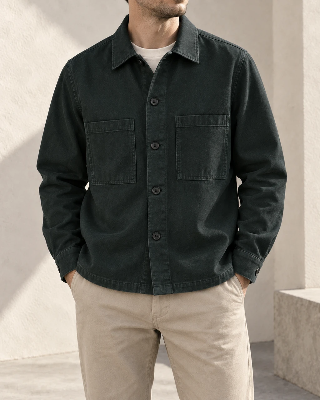 Ink canvas overshirt in a geometric editorial composition